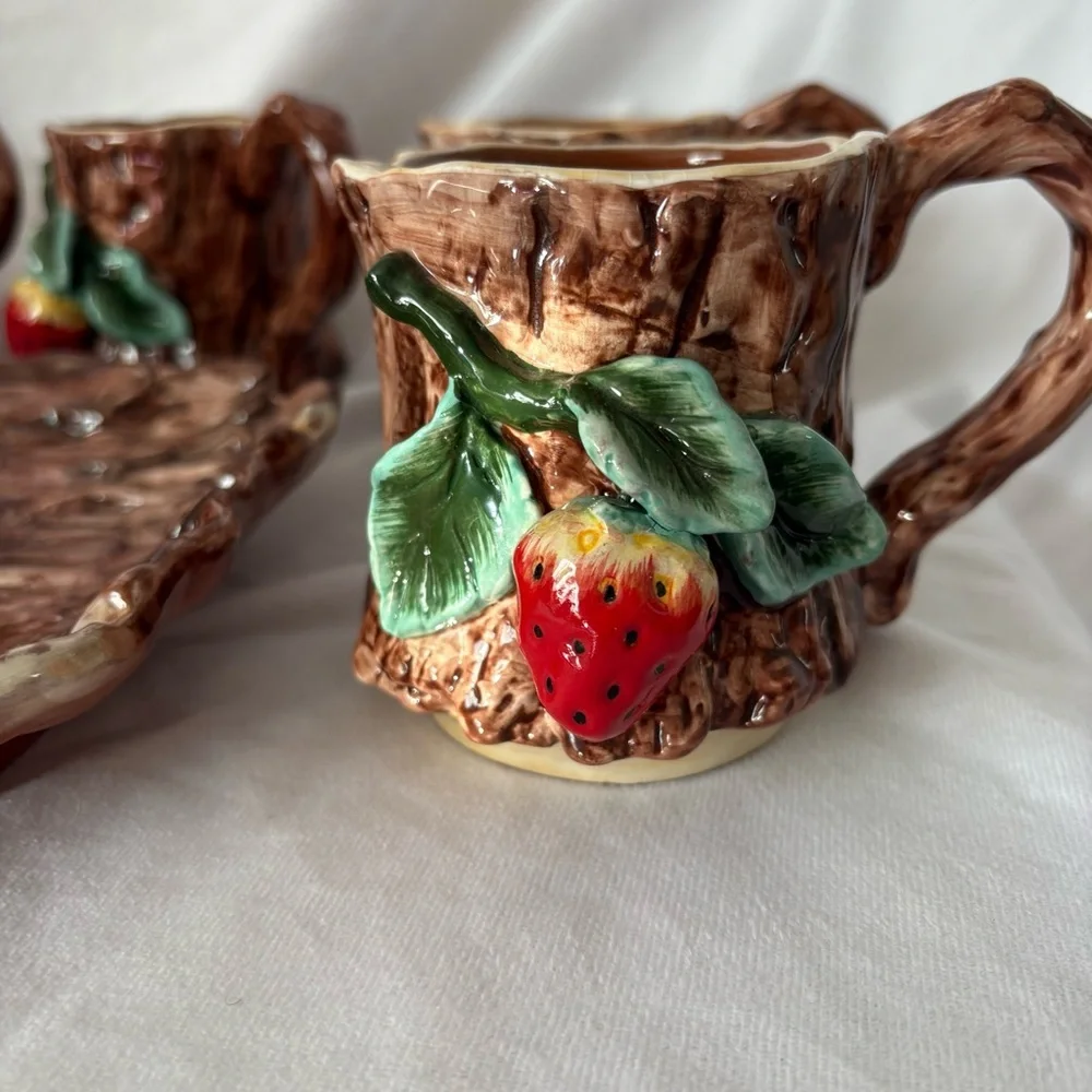 Vintage ceramic strawberry 6 mug set with serving tray apple tree dining home